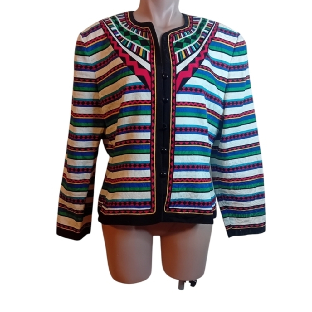 Vintage Women's Adrianna Papell Multicolor Tribal Stripes Blazer Plus Size 16